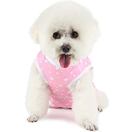 Picture of Etdane Recovery Suit for Dog Cat After Surgery, Surgical Onesies for Female Male Doggy Pet Post-Operative Vest Shirt Alternative Cone E-Collar Abdominal Wounds Protector Pink Star Small