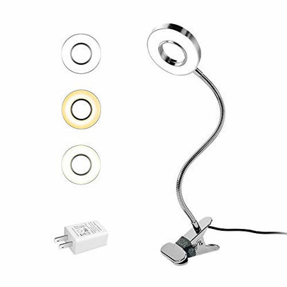 Picture of LED Reading Light, Dimmable Clamp Lamp for Bed Headboard, Bedroom, Office, 3 Modes 9 Dimming Levels, Flexible Clip Light, Adapter Included, 7W, Silver