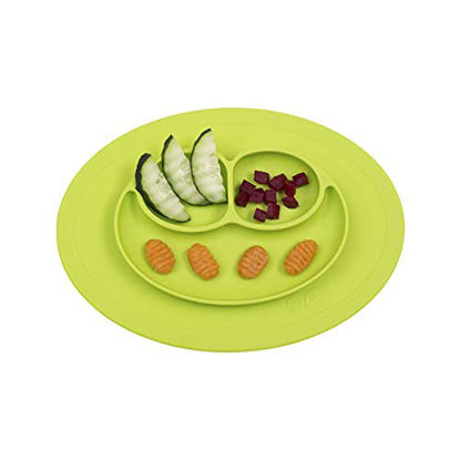 Picture of ezpz Mini Mat (Lime) - 100% Silicone Suction Plate with Built-in Placemat for Infants + Toddlers - First Foods + Self-Feeding - Comes with a Reusable Travel Bag, One Size 10.75x7.75x1 Inch (Pack of 1)
