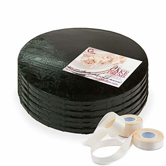 Picture of Cake Drums Round 12 Inches - (Black, 6-Pack) - Sturdy 1/2 Inch Thick - Fully Wrapped Edges - Free Satin Cake Ribbon