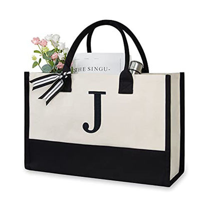 Picture of TOPDesign Embroidery Initial Canvas Tote Bag, Personalized Present Bag, Suitable for Wedding, Birthday, Beach, Holiday, is a Great Gift for Women, Mom, Teachers, Friends, Bridesmaids (Letter J)