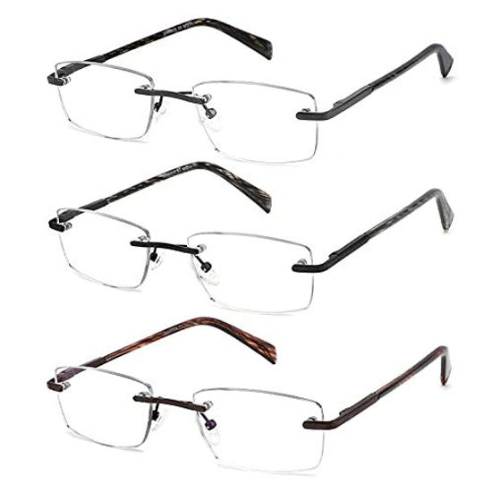 Picture of JJWELL 3 Pack Reading Glasses for Men Blue Light Blocking, Lightweight Rimless Metal Mens Eyeglasses Readers, Anti Eyestrain/Dryness/Computer Glare/UV 400, Spring Hinge Eyeglasses with Pouches