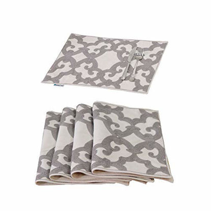 Picture of HWY 50 Linen Embroidered Grey Placemats Place Mats for Dining Table Kitchen Gray Heat Resistant Washable Table Mats 13 x 18 Inches Set of 4 Geometric