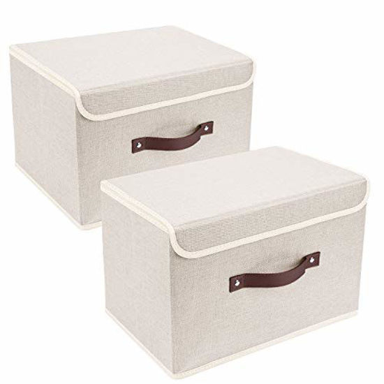 Picture of TYEERS Foldable Storage Bins 2 Pack Storage Boxes with Lids and Handles Storage Baskets in Linen Storage Organizers for Toys, Shelves, Clothes, Papers and Books etc. (Beige)