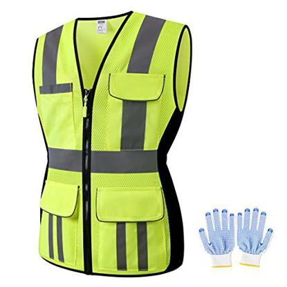 Picture of JKWEAR Women Safety Vest, Multi Pockets High Visibility Reflective Breathable Mesh Work Vest For Lady, Durable Zipper (X-Small, Yellow-02)