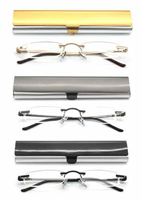 Picture of EYE ZOOM 3 Pack Rimless Reading Glasses with Slim Case for Men and Women, Black, Gold and Gunmetal, +2.50