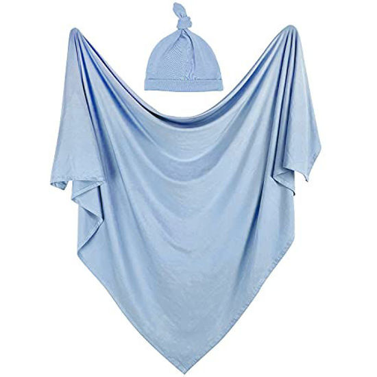 Picture of Owlowla Swaddle Blanket and Hat Set Newborn Swaddle Wrap Baby Receiving Blanket for Baby Boys Girls(Baby Blue)