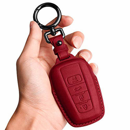 Picture of Tukellen for Toyota Key Fob Cover Genuine Leather With Keychain,Leather Key Case Protector Compatible RAV4 Camry Corolla Avalon C-HR Prius GT86 Highlander (only for Keyless go)-Red