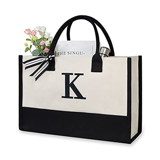 Picture of TOPDesign Embroidery Initial Canvas Tote Bag, Personalized Present Bag, Suitable for Wedding, Birthday, Beach, Holiday, is a Great Gift for Women, Mom, Teachers, Friends, Bridesmaids (Letter K)