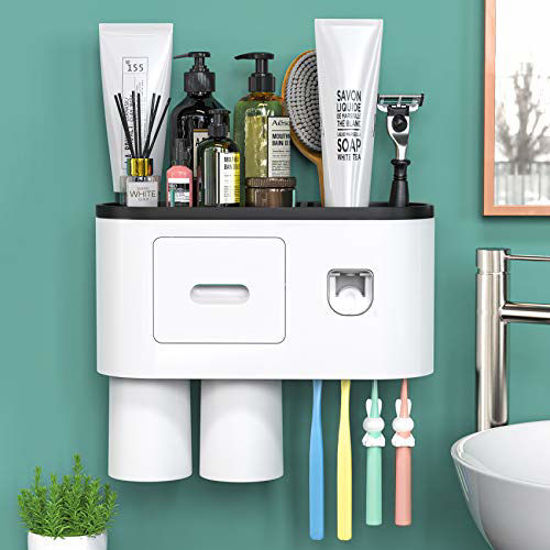 Picture of Bathroom Toothbrush Holder Wall Mounted Automatic Toothpaste Dispenser - Electric Toothbrush Holder with Toothpaste Squeezer,Magnetic Cup,Storage Drawer and 4 Toothbrush Organizer Slots(Black, 2 cups)