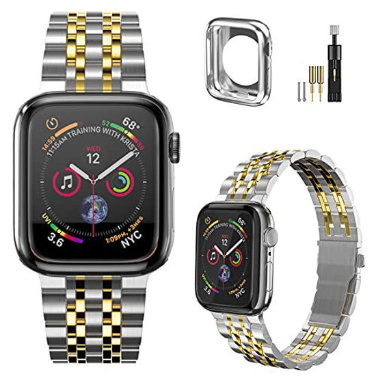 Picture of Fitlink Luxury Apple Watch Bands for Apple Watch Series 7 Apple Watch 6/5/4/3/2/1/SE, Upgraded Stainless Steel Metal Watch Band for Apple Watch Band 38/40/41/42/44/45mm(Silver/Gold,42/44/45mm)