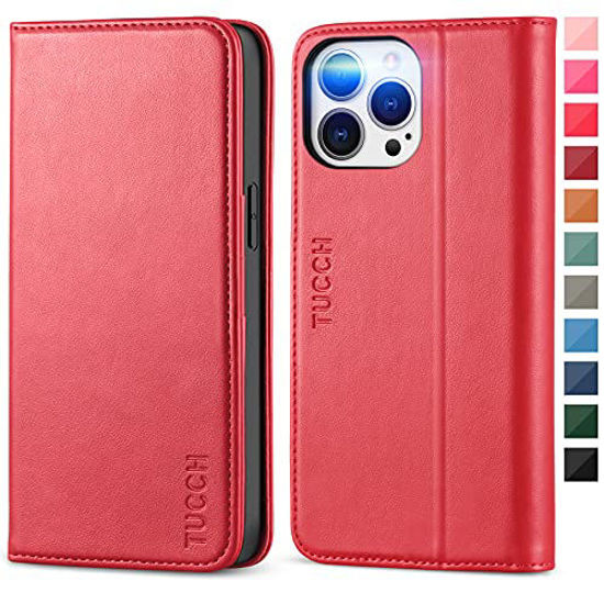 Picture of TUCCH Case for iPhone 13 Pro Max 5G, PU Leather Flip Kickstand Folio Wallet with [3 Credit Card Slots] Notebook Cover [Soft TPU Protective Interior Case] Compatible with iPhone 13 Pro Max 6.7, Red