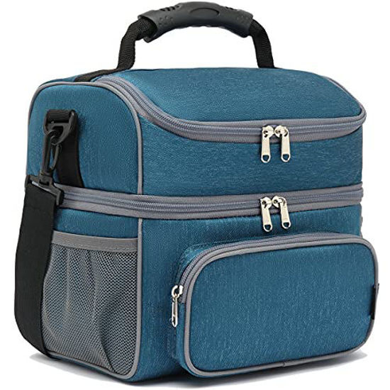 Picture of FlowFly Double Layer Cooler Insulated Lunch Bag Adult Lunch Box Large Tote Bag for Men, Women, With Adjustable Strap,Front Pocket and Dual Large Mesh Side Pockets,Lake Blue