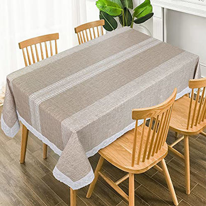 Picture of Vinyl Tablecloth with Flannel Backing,Plastic Waterproof Rectangle Tablecloths,Wipeable Table Cloth for Garden Kitchen Indoor & Outdoor, Washable PVC Table Cover(Brown Stripes,58 x 104 Inch)