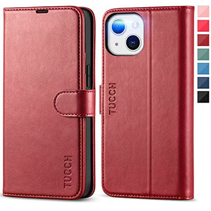 Picture of TUCCH Case for iPhone 13 Mini Wallet Case, RFID Blocking Card Slot Stand [Shockproof TPU Interior Protective Case], PU Leather Magnetic Flip Cover Compatible with iPhone 13 Mini 5.4-inch, Dark Red