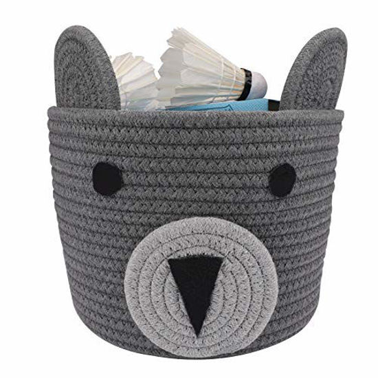 Picture of Cotton Rope Basket Small Woven Storage Basket Bear Pattern Decorative Hampers | LONTAN Design Collapsible Baby Hamper Small Bins for Toys, Snacks, 8''X7'', Gray