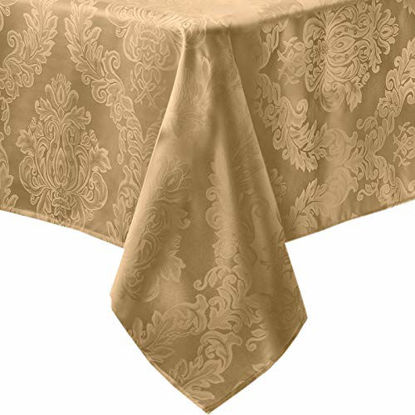 Picture of Newbridge Barcelona Luxury Damask Fabric Tablecloth, 100% Polyester, No Iron, Soil Resistant Dining Room, Party Banquet and Holiday Tablecloth, 52 Inch x 70 Inch Oblong/Rectangle, Gold