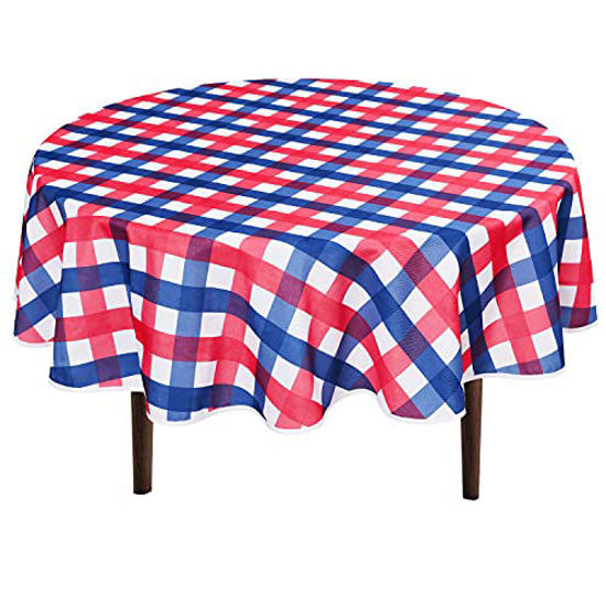 Picture of Hiasan 4th of July Round Tablecloth 60 Inch - Independence Day Waterproof Stain and Wrinkle Resistant Checkered Memorial Day Tablecloth for Dining Room, Outdoor Picnic, Blue & Red & White