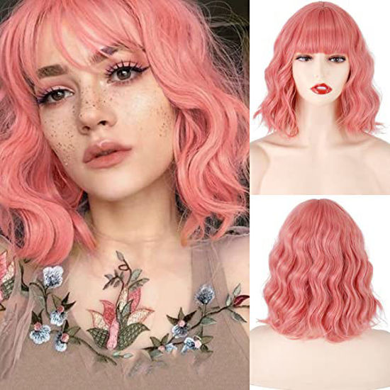 GetUSCart MISSQUEEN Short Pink Wavy Wig with Bangs Short Light