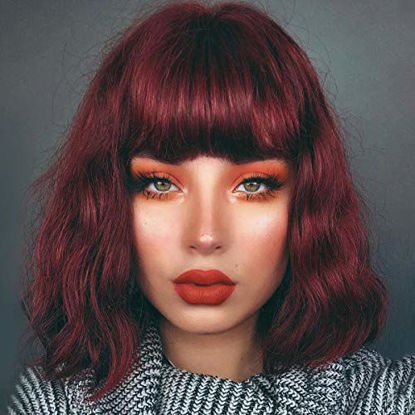 Picture of ROSEBUD Wavy Bob Wig with Bangs Natural Wine Red Wig Synthetic Hair Shoulder Length Short Curly Wigs for Women