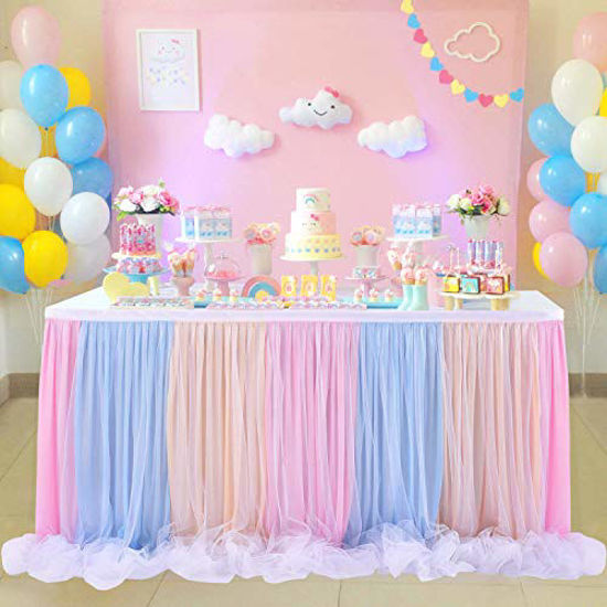 Picture of Tulle Tutu Table Skirt for Unicorn Themed Party,Baby Shower Wedding,Rainbow Table Skirt for Rectangle Table or Round Table (L 6(ft) H 30in)