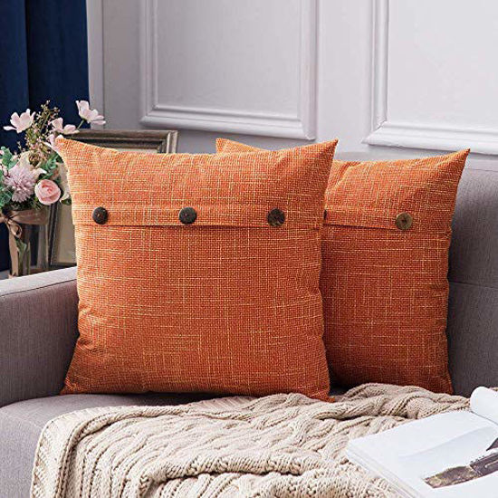 Picture of MIULEE Set of 2 Decorative Linen Throw Pillow Covers Cushion Case Triple Button Vintage Farmhouse Pillowcase for Couch Sofa Bed 24 x 24 Inch Fall Orange