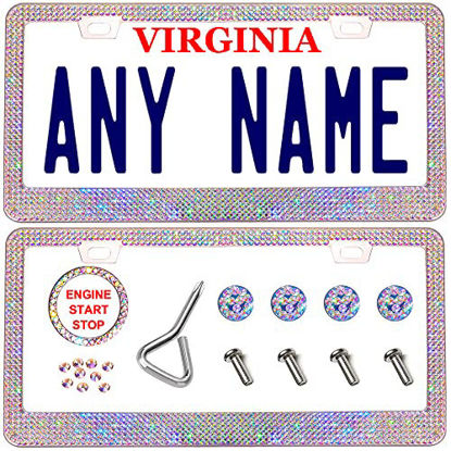 Picture of Newzon AB Rhinestone License Plate Frame for Women, 2 Pack Sparkly Luxury Colorful Glass Diamond Car Tag Frame with Diamond Cap Screw Set