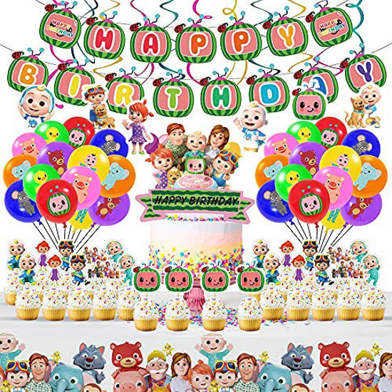 Picture of Birthday Party Supplies, 61 Pcs of Set Cocomelon Birthday Party Favors Included Happy Birthday Banner, Big Cake topper, Cupcake toppers, Hanging Swirls, Latex Balloons, Tablecover Party Decoration