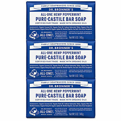 Picture of Dr. Bronner?s - Pure-Castile Bar Soap (Peppermint, 5 ounce) - Made with Organic Oils, For Face, Body and Hair, Gentle and Moisturizing, Biodegradable, Vegan, Cruelty-free, Non-GMO (5 Ounce, 3-Pack)