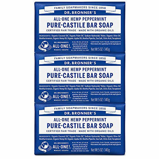 Picture of Dr. Bronner?s - Pure-Castile Bar Soap (Peppermint, 5 ounce) - Made with Organic Oils, For Face, Body and Hair, Gentle and Moisturizing, Biodegradable, Vegan, Cruelty-free, Non-GMO (5 Ounce, 3-Pack)