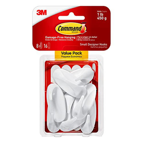 Picture of Command Small Designer Hooks, White, 8-Hooks, 16-Strips, Organize Damage-Free