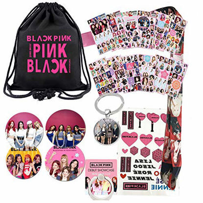 Picture of Blackpink Gifts Set For Blink - 1 Blackpink Darwstring Bag Backpack, 12 Blackpink Stickers, 1 Blackpink Lanyard, 4 Button Pins, 1 Phone Finger Ring Stand, 1 Keychain, 1 Tattoo Sticker