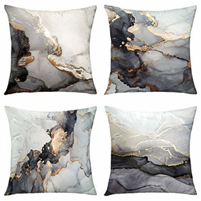 Picture of GALMAXS7 Marble Texture Black and Gold Silver Decorative Throw Pillow Covers Luxury Abstract Fluid Art Ink Soft Velvet Pillow Case Square Cushion Covers for Couch Living Room 18 x 18 Inch Set of 4