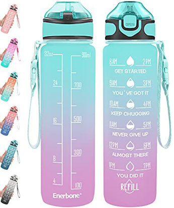 Picture of Enerbone 32 oz Water Bottle with Times to Drink and Straw, Leakproof BPA & Toxic Free, Drinking Water Bottle with Carrying Strap, Ensure You Drink Enough Water for Fitness and Outdoor, Green-Purple