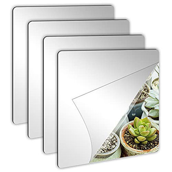 Picture of 4 Pack Self Adhesive Acrylic Mirror, 8 x 8 Inch Mirror Tiles,Flexible Plastic Mirror Sheets Wall Stickers,2MM Thick Mirror,Frameless Small Mirror