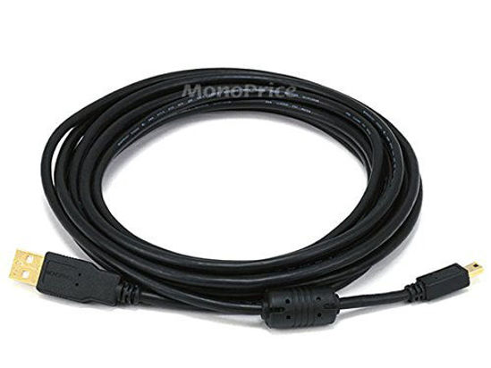 Picture of Monoprice 15-Feet USB 2.0 A Male to Mini-B 5pin Male 28/24AWG Cable with Ferrite Core (Gold Plated) (105450),Black