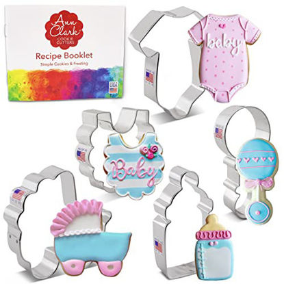 Picture of Baby Shower Cookie Cutter Set 5 Pieces with Recipe Booklet, Onesie, Bib, Rattle, Bottle, Baby Carriage Made in USA by Ann Clark Cookie Cutters