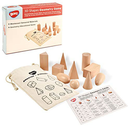 Picture of 3D Shapes Guess Game - Solid Figures Geometry Miniature Set in Mystery Bag - Wooden Montessori Toys - Pack of 10pcs - Ages 3 and Up