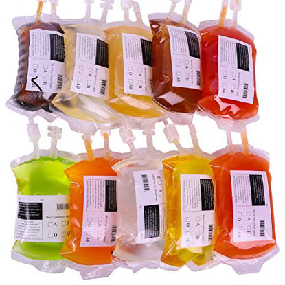 Picture of Blood Bag IV Bags Drink Cups - Set of 10 Blood Bags for Drink, 13.5 FL Oz 400ml with 1 funnel 10 Labels and 10 Clips, Halloween/Vampire/Zombie/Nurse Graduation/Hospital Theme Party Favors