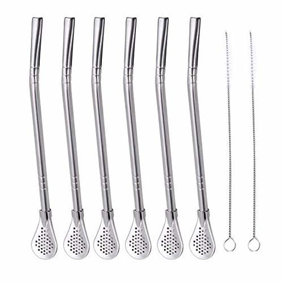 Picture of FRUTA 6 PCS Stainless Steel Yerba Mate Tea Bombilla Straws with Filter Spoon and 2 PCS Cleaning Brushes, Removable Filtered Spoons Drinking Straw, 18.5CM/7.28inch