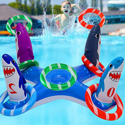 Picture of W-Plus Inflatable Shark Toys, Pool Ring Toss Games Toys, Floating Swimming Pool Ring with 6Pcs Rings, Swimming Pool Games for Kids Adults Summer Pool Party Fun & Pool Accessories