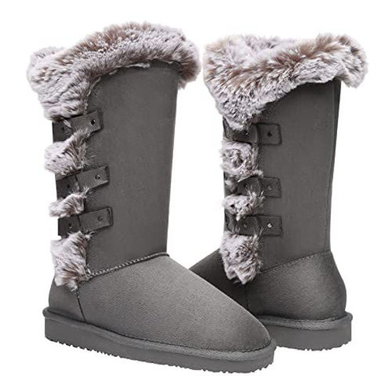 Picture of HStylish Women's Classic Fur Lined Tall Mid Calf Boots Warm Winter Snow Shoes with Decorative Buckle Straps, Size 8, Grey 39