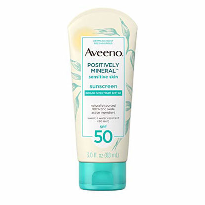 Picture of Aveeno Positively Mineral Sensitive Skin Daily Sunscreen Lotion with SPF 50 100 Zinc Oxide NonGreasy Sweat WaterResistant Sheer Sunscreen for Face Body TravelSize, Unscented, 3 Fl Oz