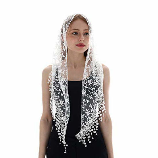 Picture of LMVERNA Cathedral Veil Triangle Shape Veil Fringe Lace for Mass Wedding Bridesmaids (White)