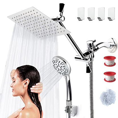 Picture of COSYLAND 8'' Rainfall Shower Head with Handheld Combo High Pressure 9 Settings with 11'' Extension Arm 60" Hose, Stainless Steel with Chrome Finish Bath Showerhead, Height/Angle Adjustable,Chrome