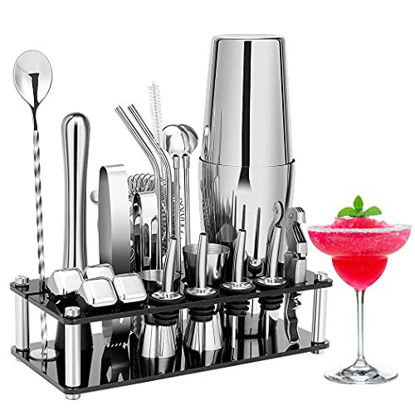 Picture of Cocktail Shaker Set, 23-Piece Boston Stainless Steel Bartender Kit with Acrylic Stand & Cocktail Recipes Booklet, Professional Bar Tools for Drink Mixing, Home, Bar, Party (Include 4 Whiskey Stones)