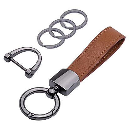 Picture of Wisdompro Genuine Leather Car Keychain, Universal Key Fob Keychain Leather Key Chain Holder for Men, 360 Degree Rotatable, with Anti-Lost D-Ring, 3 Keyrings and 1 Screwdriver - Brown