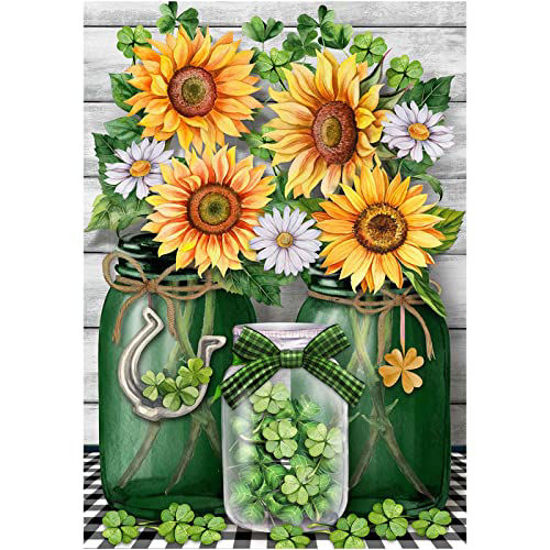 Picture of MXJSUA Diamond Painting Kits for Adults, Round Full Drill Diamond Painting Kits, 5D DIY Diamond Painting by Number Kits Diamond Art Kits for Decor 12x16 Inch Sunflowers Mason Jars St. Patrick's Day