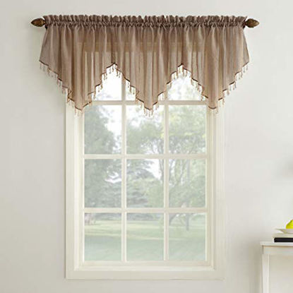 Picture of No. 918 Erica Crushed Voile Ascot Beaded Sheer Rod Pocket Curtain Valance, 51" x 24", Taupe