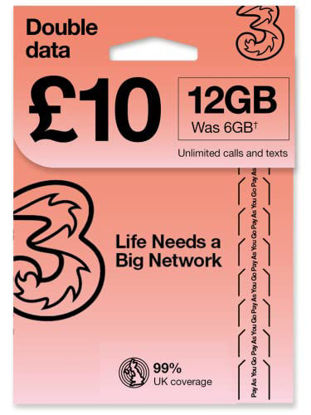 Picture of PrePaid Europe (UK THREE) sim card 12GB data+3000 minutes+3000 texts for 30 days with FREE ROAMING / USE in 71 destinations including all European countries